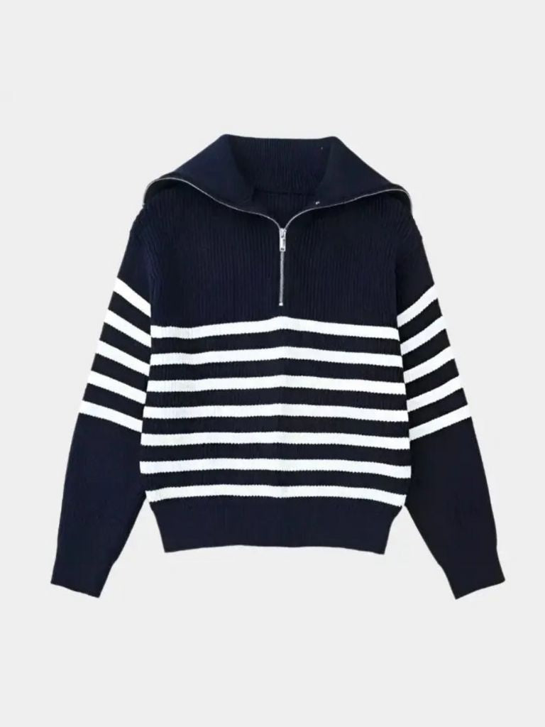 Knitted Sweater with Zipper and Stripes - Palm Beach Boutique