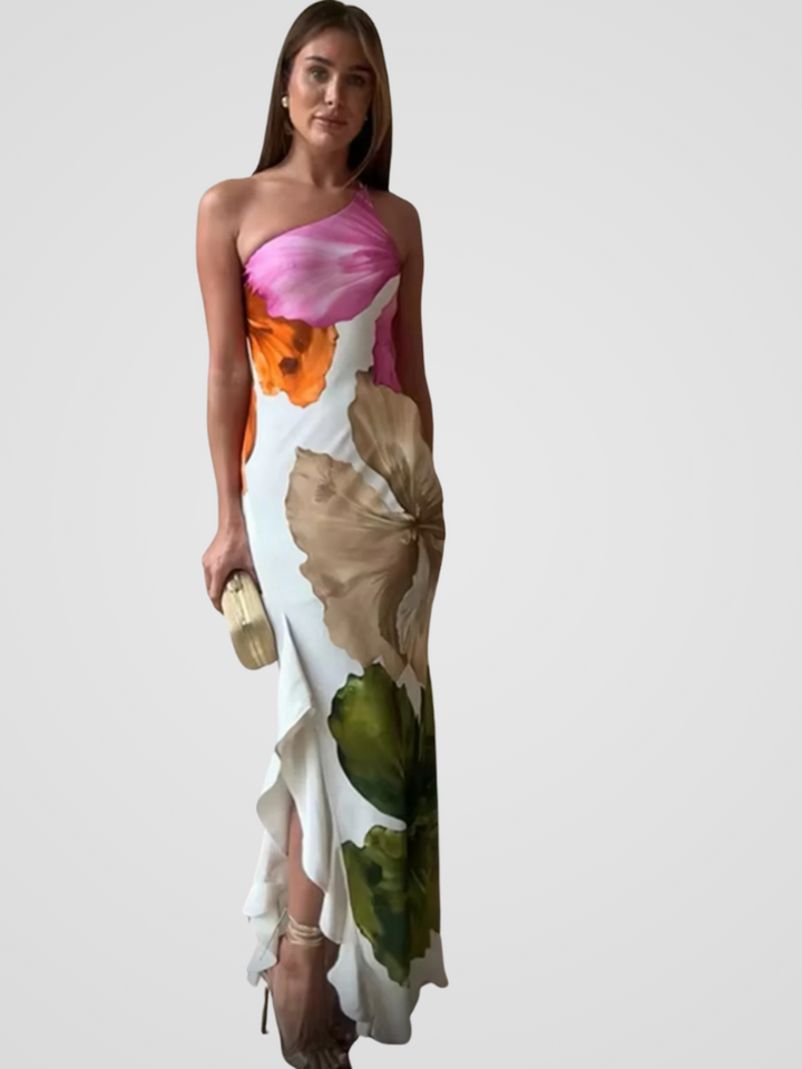 FLORÉLIA SATIN ASYMMETRICAL MAXI DRESS