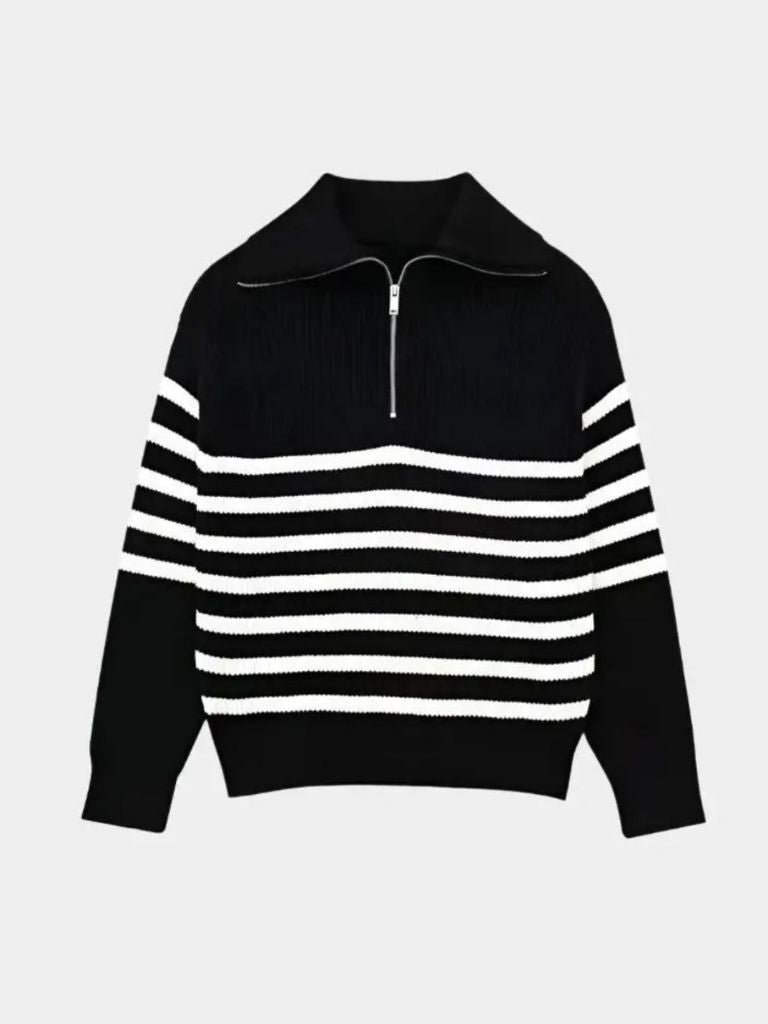 Knitted Sweater with Zipper and Stripes - Palm Beach Boutique