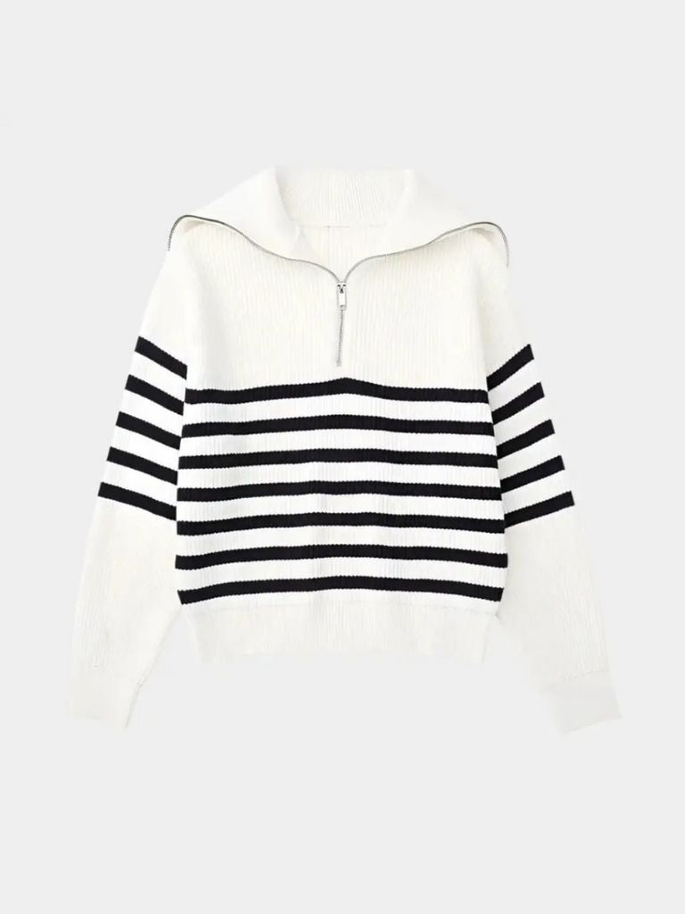 Knitted Sweater with Zipper and Stripes - Palm Beach Boutique