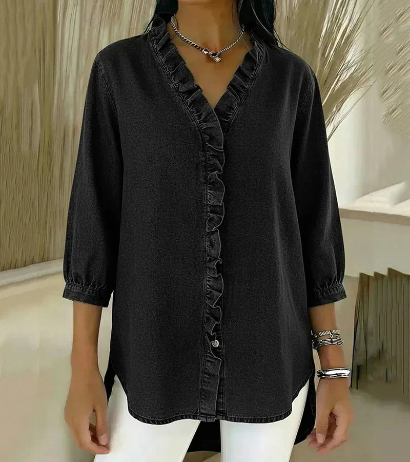 Adele | Fluid Denim Blouse with V-Neck and Ruffles