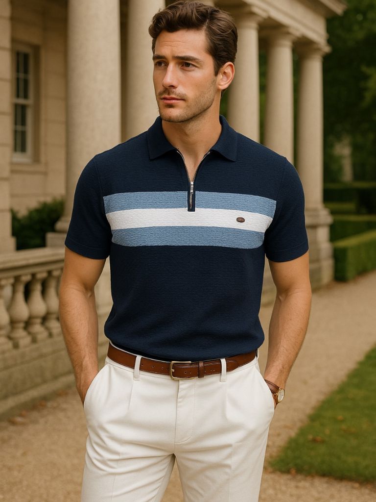 Classic Fitted Polo with Zip Collar and Short Sleeves - Palm Beach Boutique