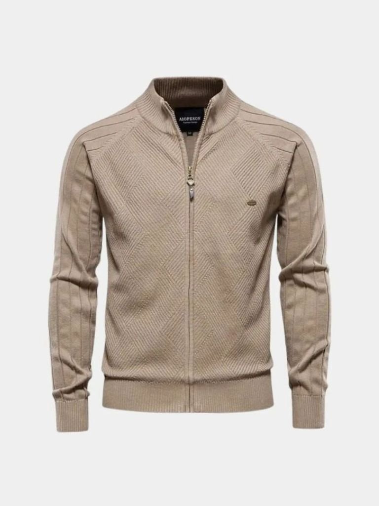Solid Colour Zippered Knit Jacquard Cardigan - Palm Beach Boutique