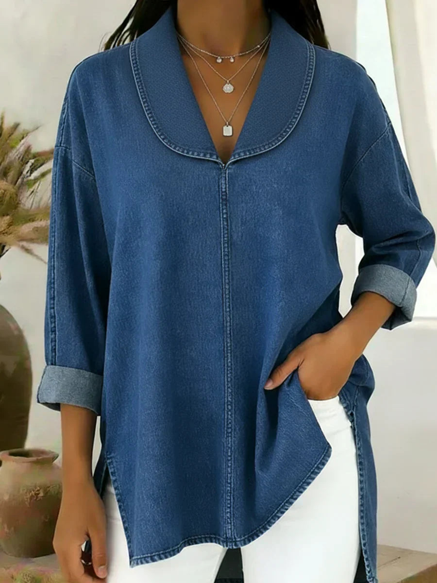 Viviane | Long Denim Blouse with Shawl Collar