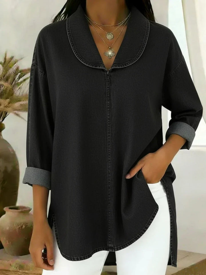Viviane | Long Denim Blouse with Shawl Collar