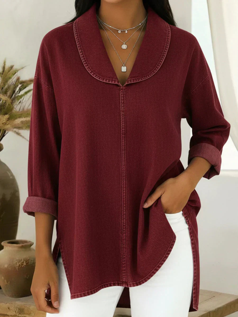 Viviane | Long Denim Blouse with Shawl Collar